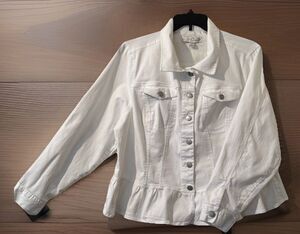Est 1946 Denim Jacket Womens 22 24 Button Fit Flair Cropped White Ruffled Spring